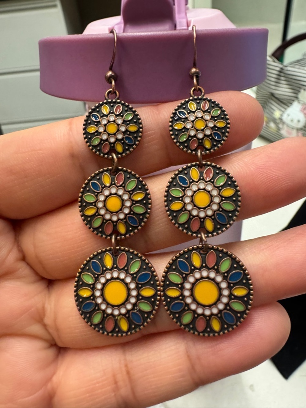 Multi-Color Floral Drop Earrings - Yellow Center - Picture 3 of 6
